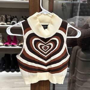 Heart Patterned Sleeveless Sweater - Cream and Brown